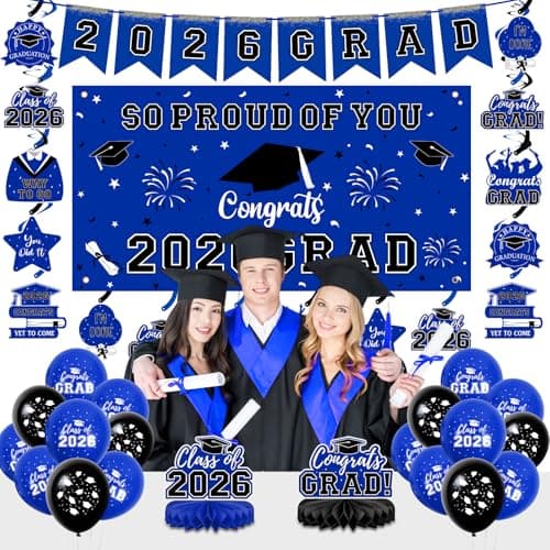 Graduation Decorations 2026 Blue Themed Grad Party Decor Set Backdrop Balloons Banner Honeycomb Centerpiece Hanging Swirl Kit Graduation Party Supplies for College High School Any Grade view 5