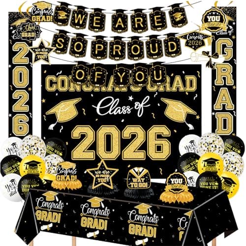 Graduation Decorations 2026 Themed Set - All-in-One Party Supplies with Backdrop & Tablecloth, Congrats Grad Banner for High School College Class of 2026 Decor view 1