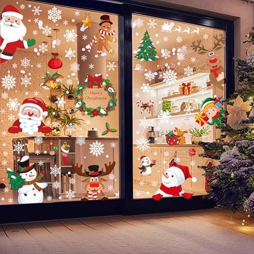 186PCS Christmas Decor, Christmas Window Clings, 9 Sheets Snowflake Window Stickers Decals with Santa Claus Snowman Reindeer, PVC Xmas Decorations Clings for Holiday Party Decorations Accessories view 5