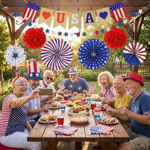 4th of July Decorations - 26 PCS Patriotic USA Banner Star Streamer Paper Fans Hanging Swirls Pompoms Set for Memorial Day | 250th Anniversary Accessories Party Favors for Indoor Outdoor Home view 2