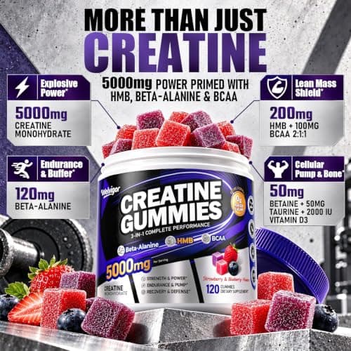 Welvigor Creatine Monohydrate Gummies 5000mg: HMB Pre Workout Women & Men | Supports cellular ATP & workout energy recovery, Combines creatine with HMB & BCAA to support lean muscle maintenance 0 sugar view 2