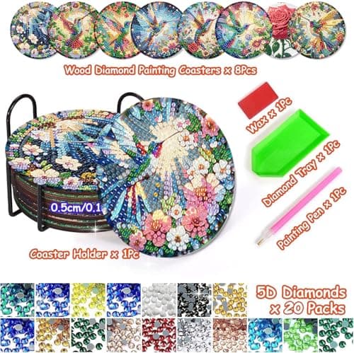 Axquilon Diamond Art Coasters Kit for Adults, 8 Pcs Hummingbirds Diamond Painting Coasters Kit with Holder, DIY Non Slip Art Supplies 4x4in view 4