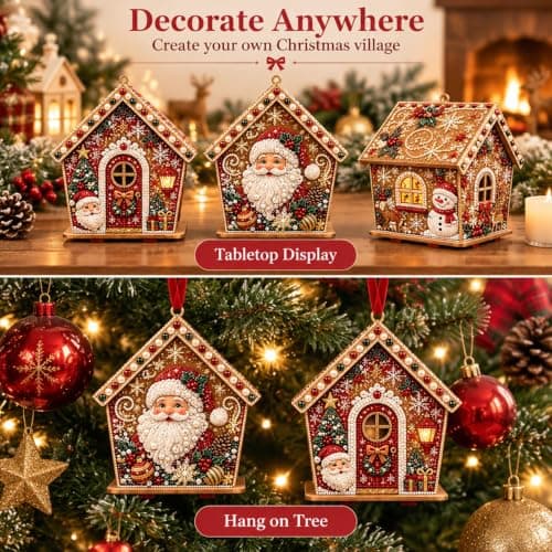 3D Christmas Wooden House Diamond Painting Santa White view 6