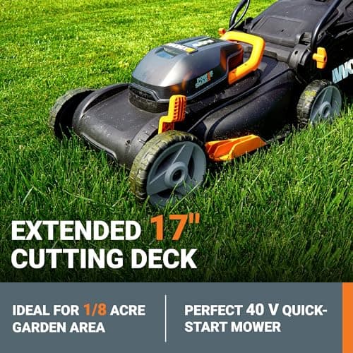 WORX 17" Cordless Lawn Mower, 2 in 1 Electric Mower Cuts Quietly, Compact & Lightweight Push Lawn Mower with 7-Position Height Adjustment for Small Yards, 2 Batteries & Charger Included, WG743 view 2