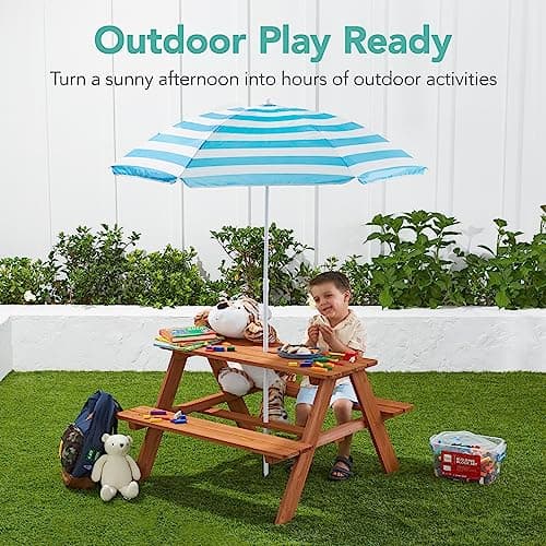Best Choice Products Wooden Kids Picnic Table with Umbrella, Outdoor Activity Table Set with Built-in Benches, 220 lb Capacity per Bench - Golden Brown/Aqua view 4