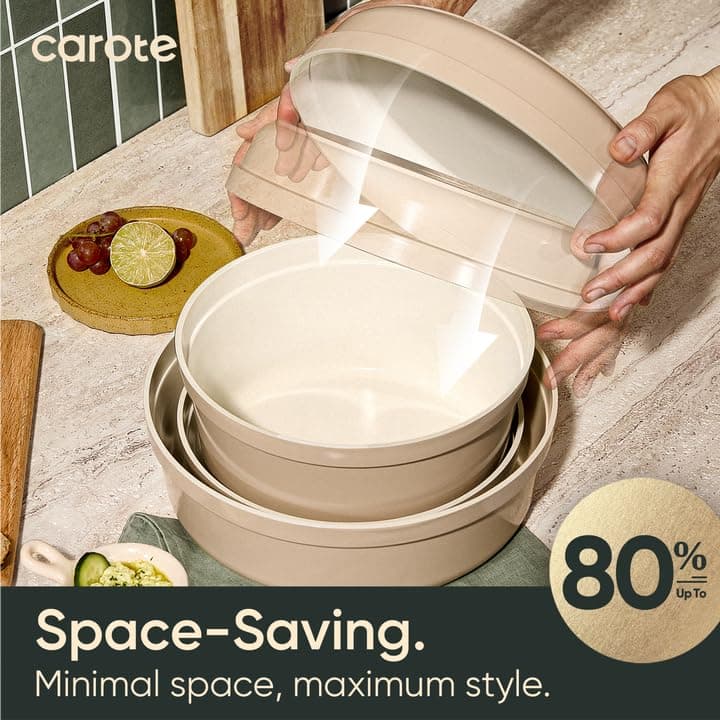 CAROTE 18 Pcs Ceramic Cookware Set Titanium Nonstick with Detachable Handles, Non Toxic Cookware, Pots and Pans Set Non Stick Removable Handles, Induction Available, Kitchen Cooking, Dishwasher Safe view 3