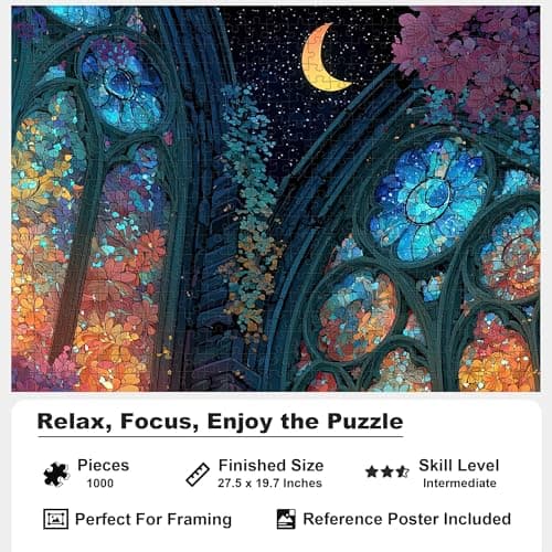 Teemosreal Puzzles for Adults 1000 Pieces, Stained Glass Cat Fantasy Night Moon Scene, Challenging Puzzle Game with Poster, Matte Finish, Interlock Perfectly Frameable Wall Decor Gift view 3
