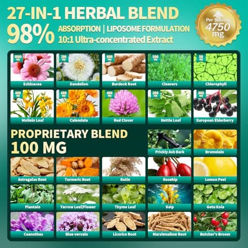 VivoNu 27-in-1 Liposome Lymphatic Drainage Supplements, 90 Day Supply with Echinacea, Chlorophyll, Dandelion, Burdock, Mullein Leaf Extract for Lungs, 10:1 Concentrated Technology, 90 Capsules view 3