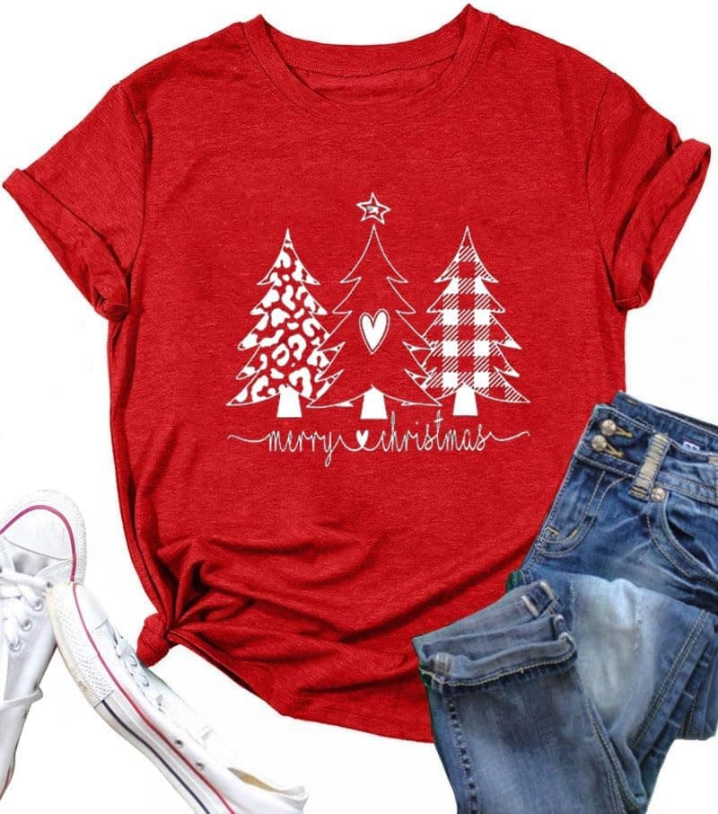 DESFSE Merry Christmas Shirts for Women Christmas Short Sleeve Tshirt Xmas Buffalo Plaid Tree Cute Graphic Print Tee Tops view 3