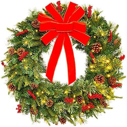 Best Choice Products 30in Pre-Lit Battery Powered Christmas Wreath Artificial Pre-Decorated Holiday Accent w/ 100 Lights, 276 PVC Tips, Ribbons, Pine Cones view 1