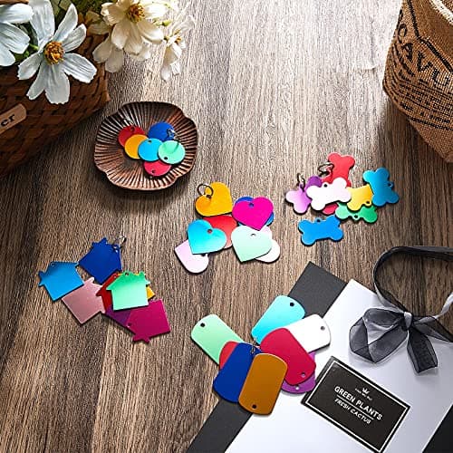 48 Pcs Blank Pet ID Tag Colorful Aluminum Dog Cat Badge Blank Round Heart Star Bone House Rectangle Tags with Ring Pet ID Badge Pendant with Hole for Dog Cat Name Phone Number, 6 Styles view 5