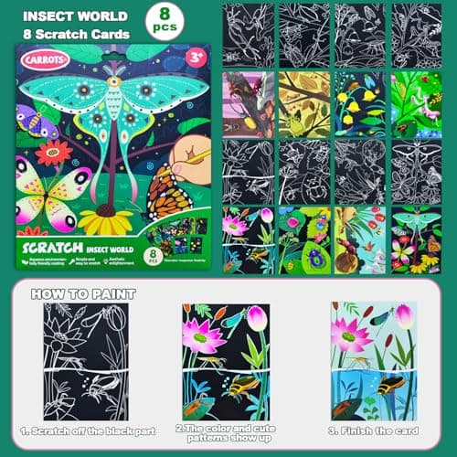 BAOXUE Scratch Art for Kids, Black Rainbow Scratch Off Art Paper Set,Bug Crafts Kits Supplies,Toddlers Activity Party Games, Art Gifts for Girls Boys,Stocking Stuffers for Kids view 5