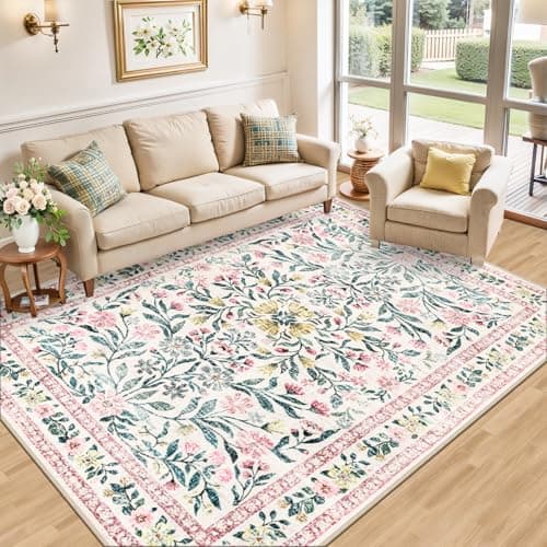 8x10 Area Rugs for Living Room: Floral Washable Rug Vintage Large Soft Boho Non-Slip Carpet Indoor Stain Resistant Low Pile Carpets for Bedroom Dining Room Farmhouse Nursery Home Office Pink Green view 2