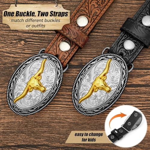 JKEEMI Kids Cowboy Cowgirl Belt, Western Genuine Embossed Leather Belt Bull Horse Eagle Buckle for Gift Daily Costumes view 3