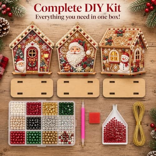 3D Christmas Wooden House Diamond Painting Santa White view 3