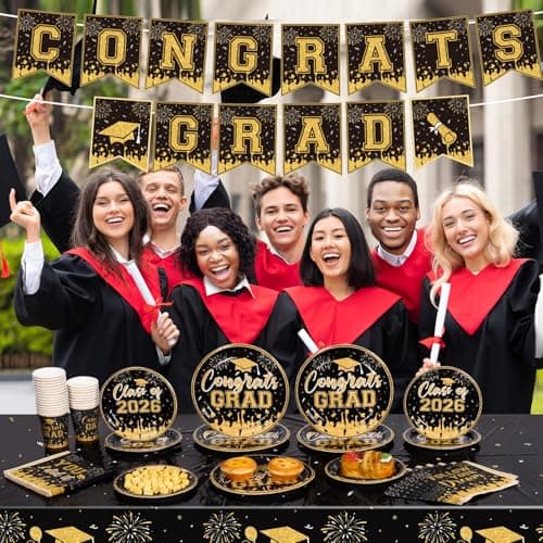NatNarr Graduation Decorations 2026, Black Gold Graduation Party Supplies Include Class Of 2026 Grad Plates Napkins Cups Tablecloth Congrats Grad Banner for Middle College High School, Serve 25 Guest view 6
