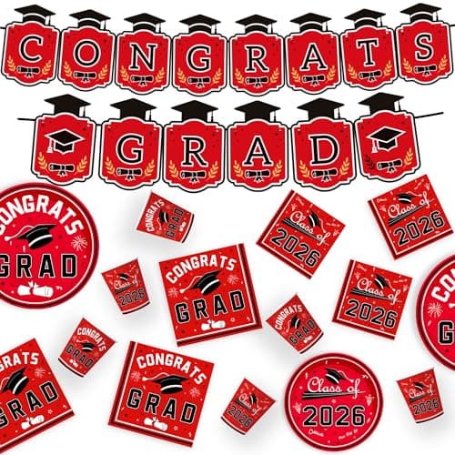 OHOME 2026 Graduation Decorations - Graduation Decorations Class of 2026 - Serve 24 - Red Plates Tablecloth Napkins Cups Banner- Graduation Party Favors Supplies view 5