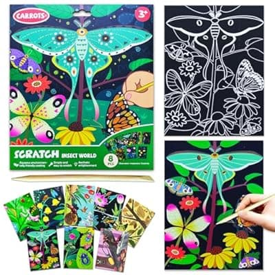 BAOXUE Scratch Art for Kids, Black Rainbow Scratch Off Art Paper Set,Bug Crafts Kits Supplies,Toddlers Activity Party Games, Art Gifts for Girls Boys,Stocking Stuffers for Kids