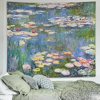 Avinyl Monet Waterlily Wall Tapestry, Green Floral Plant Art Poster for Bedroom Girls Boys, Small Nature Flower Pond Wall Hanging, Watercolor Tapestries for Living Room Dorm Decor 39in X 51in