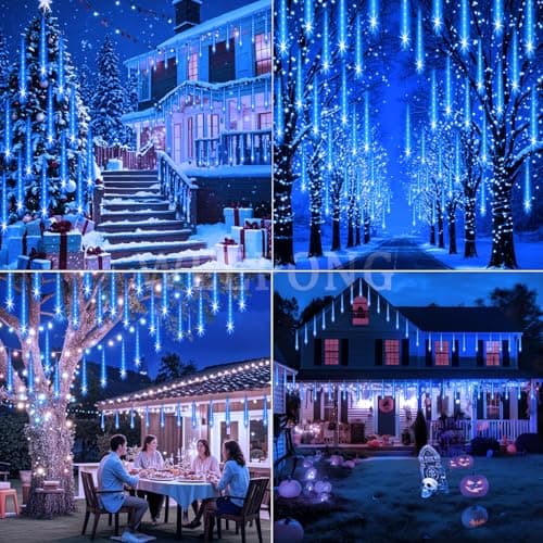 Weepong Meteor Shower Lights Outdoor Christmas Lights UL Certified Falling Rain Drop Snowfall Icicle Cascading String Light for Xmas Holiday Tree Wedding Party Garden Decor Blue, 12 Inch 8 Tubes view 4