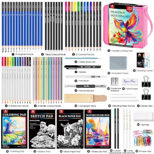 133 PCS Art Supplies Sketching Kit, Pro Drawing Pencils with Sketchbook, Coloring Book, Watercolor Pad, Black Paper Pad, Colored Graphite Charcoal Watercolor & Metallic Pencils for Artists Adults view 3