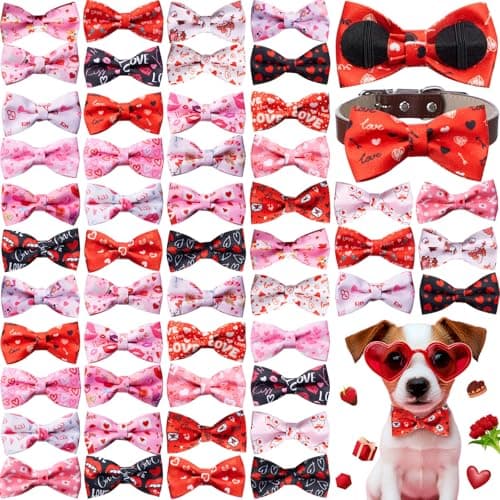 Hillban 50 Pcs Mother's Day Dog Collar Heart Bow Ties Dogs Collar Accessories Bow Ties Attachment with Elastic Bands Detachable Charms for Mom Gift Pets Costume Photo Props Accessories Pet Shops — image 1