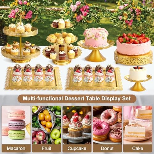 OdoVow 7 Pcs Cake Stand Gold Metal Dessert Table Display Set, 3-Tier Cupcake Stand, Cake Display Tower and Cookie Tray Rack Serving Tray for Birthday Party, Weddings, Baby Shower (Gold) view 4