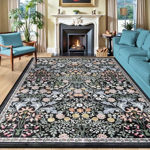 Area Rugs 9x12 Living Room: Floral Washable Rug Vintage Large Soft Boho Non-Slip Carpet Indoor Stain Resistant Low Pile Carpets for Bedroom Dining Room Farmhouse Nursery Hallway Home Office Dark Black view 1