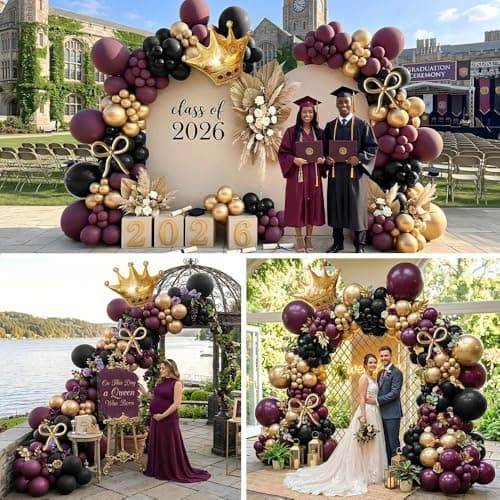 Dark Purple Black Gold Balloon Garland Arch Kit - Double Stuffed Plum Burgundy Balloon with Foil Crown & Gold Long Balloons for Graduation, Mother's Day, Prom, Birthday, Wedding, Queen Party view 6