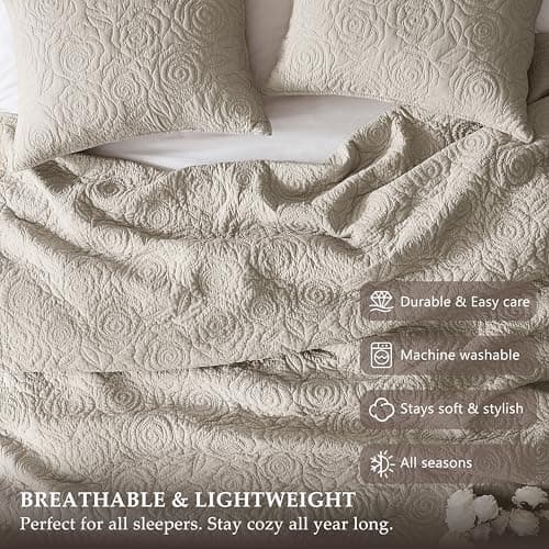 WDCOZY Beige 100% Cotton Quilt Twin Size Bedding Sets with 1 Pillow Shams, Floral Rosette Lightweight Bedspread Soft Farmhouse Patterned Coverlet Quilted Comforter Bed Cover for All Season, 2 Pieces view 6