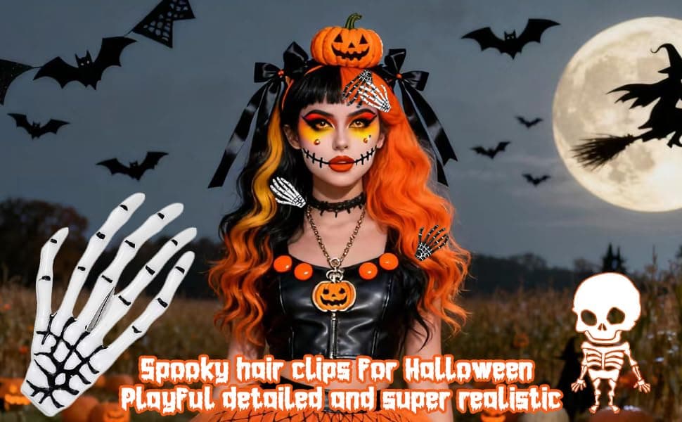 Halloween Hair Clips Skeleton Hands Bone 6Pcs White and Black, Punk Rock Horror Alligator Barrettes Hair Clip for Women Girls Hair Accessories(Hairpin, 6 Pcs) view 5