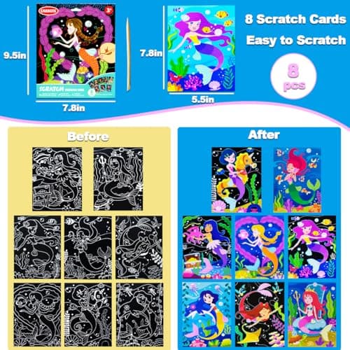 JUNQIU Scratch Art for Kids, Mermaid Black Rainbow Scratch Art Paper Set-Arts and Crafts Kits & Supplies, Mermaid Toys Gifts for Toddlers Girls Birthday Christmas view 4