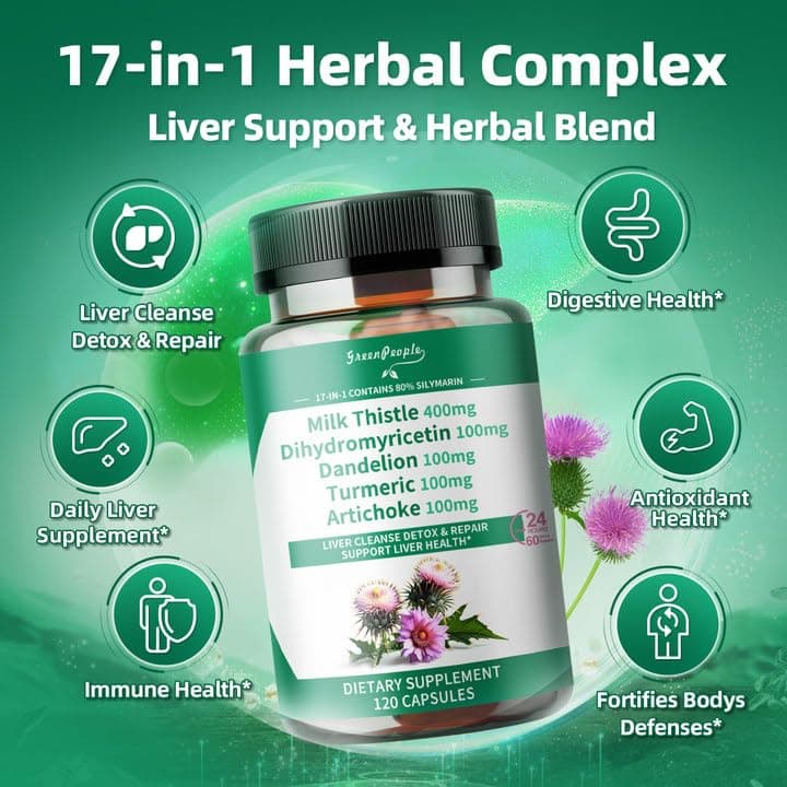GREENPEOPLE Lymph-Liver Cleanse Detox & Repair - Strength Milk Thistle 30X Extract - Standardized and Concentrated 80% Silymarin w/Vitamin,95% curcuminoids & 17+Liver Health Nutrients Vegan 120CT view 2