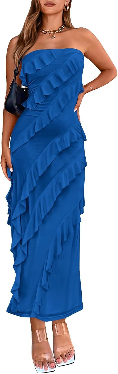 BTFBM Elegant Strapless Midi Ruched Bodycon Dress
