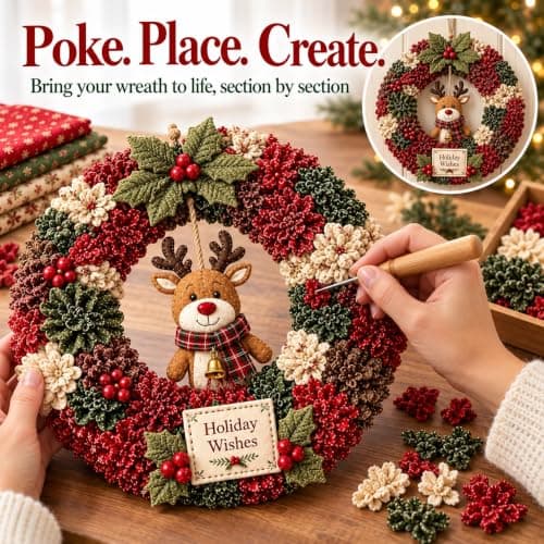 Christmas Wreath Kit 3D Fabric Poke Art, DIY Wreath Making Craft, Reindeer with Holiday Wishes Sign, Holiday Door and Wall Decor view 5