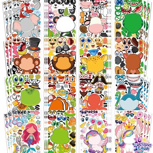 Stickers for Kids - 48 Sheets Party Favors Animal Make a face Stickers Crafts Goodie Bags Stuffers Activities Gifts for Kids Toddler Grandkids Graduation Birthday School Classroom Supplies Age 4-8