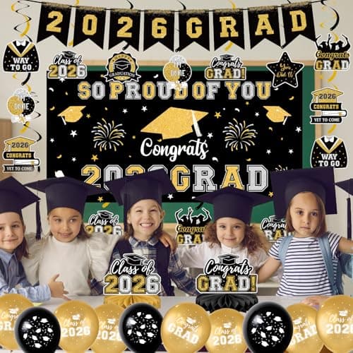 Graduation Decorations 2026 Black Gold Themed Grad Party Decor Set Backdrop Balloons Banner Honeycomb Centerpiece Hanging Swirl Kit Graduation Party Supplies for College High School Any Grade view 6