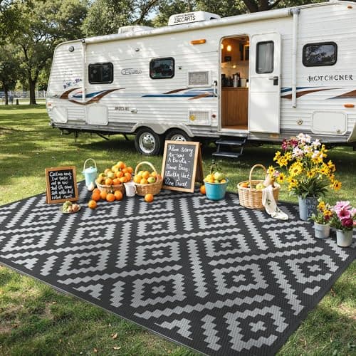 GENIMO Outdoor Rug for Patio Clearance,5'x8' Waterproof Mat,Reversible Plastic Camping Rugs,Rv,Porch,Deck,Camper,Balcony,Backyard,Black & Gray view 3