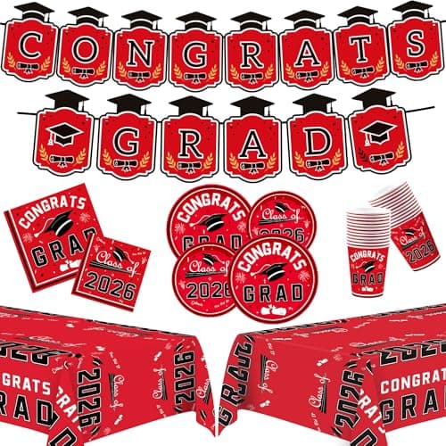 OHOME 2026 Graduation Decorations - Graduation Decorations Class of 2026 - Serve 24 - Red Plates Tablecloth Napkins Cups Banner- Graduation Party Favors Supplies view 1