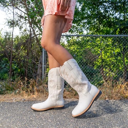 Hawkwell Women's Cowboy Cowgirl Boots Square Toe Side Zipper Embroidered Low Heel Dress Western Mid Calf Boot view 2