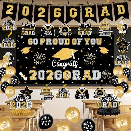 Graduation Decorations 2026 Black Gold Themed Grad Party Decor Set Backdrop Balloons Banner Honeycomb Centerpiece Hanging Swirl Kit Graduation Party Supplies for College High School Any Grade view 2