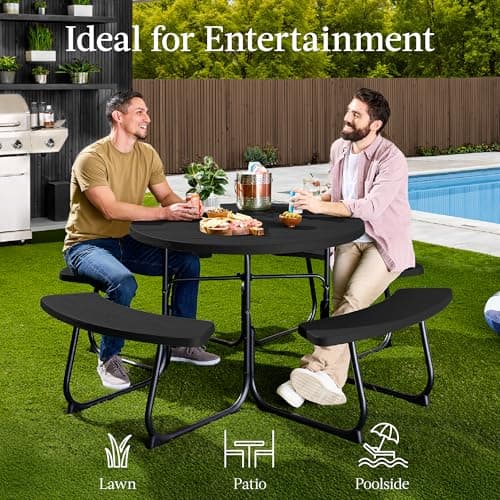 Best Choice Products 8-Person Outdoor Bench Patio Picnic Table, Circular w/ 4 Built-in Benches and Umbrella Hole, 2000lb Capacity - Black view 6