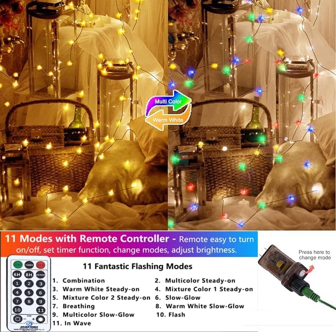 XUNXMAS Outdoor Indoor String Lights Christmas 500LED Warm White Multicolor Fairy Lights 164ft Green Wire Dimmable with Remote Control, Waterproof Fairy Light for DIY Christmas Tree view 2