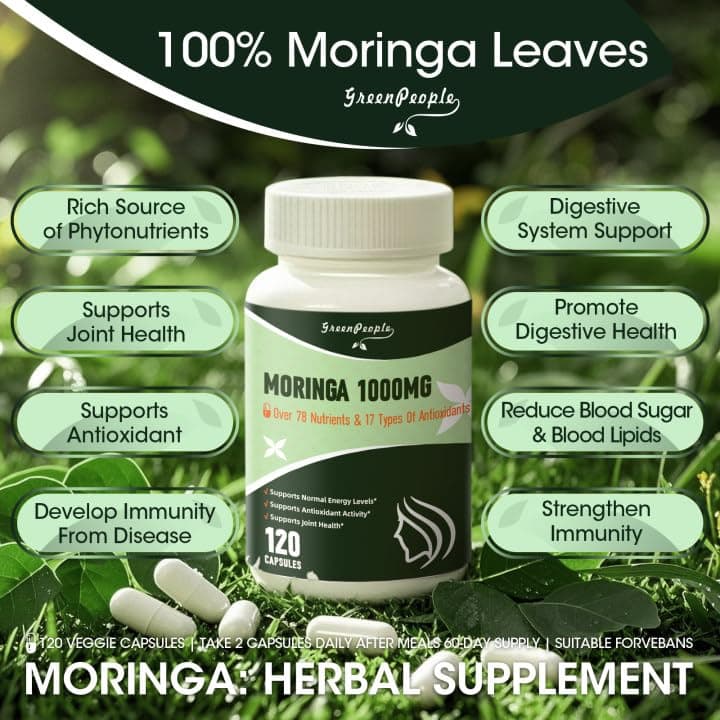 Moringa Capsules 1000mg with Turmeric, Green Tea & Ginger Extract - 7-in-1 Superfood Supplement for Energy, Immune Support & Joint Comfort - Vegan, Non-GMO Antioxidant Blend for Men & Women, 120 Ct view 3