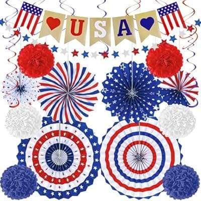 4th of July Decorations - 26 PCS Patriotic USA Banner Star Streamer Paper Fans Hanging Swirls Pompoms Set for Memorial Day | 250th Anniversary Accessories Party Favors for Indoor Outdoor Home