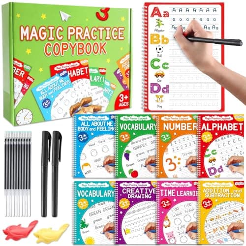 gisgfim 8 Pack Magic Grooved Writing Practice Books for Kids Reusable Magical Handwriting Workbooks with Disappearing Ink Pens Letter,Numbers,Math Tracing Copybook for Kindergarten Preschool Age 3-8