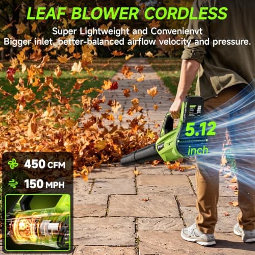 Leaf Blower Cordless, Leaf Blower with Battery and Charger - 2 Speed Modes, 2 Batteries, 20V Powerful Lightweight Electric Blowers for Blowing Leaves, Dust, Lawn Care, Patio Cleaning, Green view 2