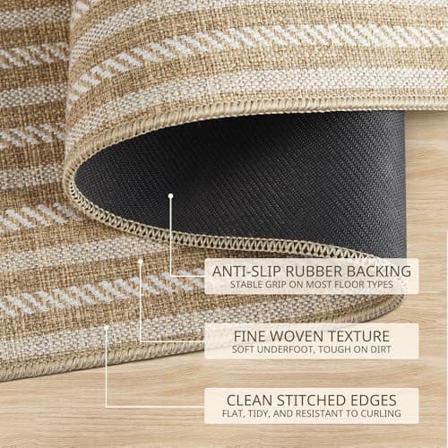 MatEssenz 2 Pack Inside Door Mats 2x3 ft, Low Profile Washable Entryway Rug Set, Scandinavian Striped Woven Faux Linen, Non-Slip Mudroom & Kitchen Mat, Apartment Essentials, Khaki view 3