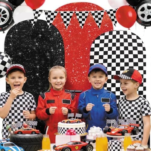 3PCS Arch Backdrop Cover Set (4,5,6FT) for Monster Truck Car Birthday Party Decorations, Boys Race Car Theme Background with Checkered Arch Covers view 5