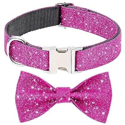 Jumpress Girl Dog Collar with Bow, Bling Female Bowtie Dog Collar for Puppy Small Medium Dogs Daily Walking or Holiday Party (Hot Pink, Neck fit 11-16’’)